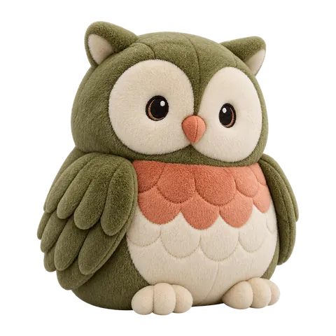 Moss-green plush owl with a cream face