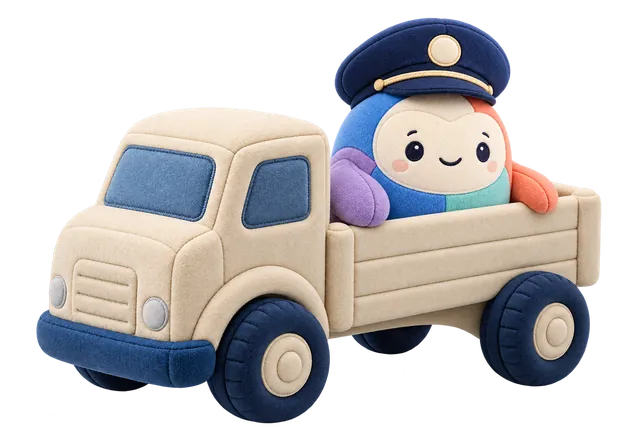 Colourful plush pilot seated in the toy truck