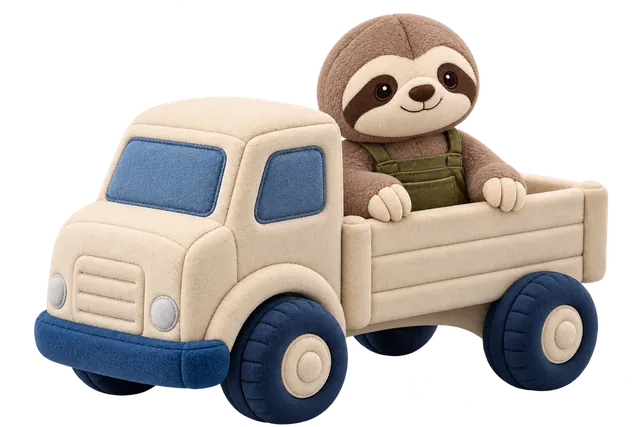 Plush sloth in a green apron seated in the toy truck