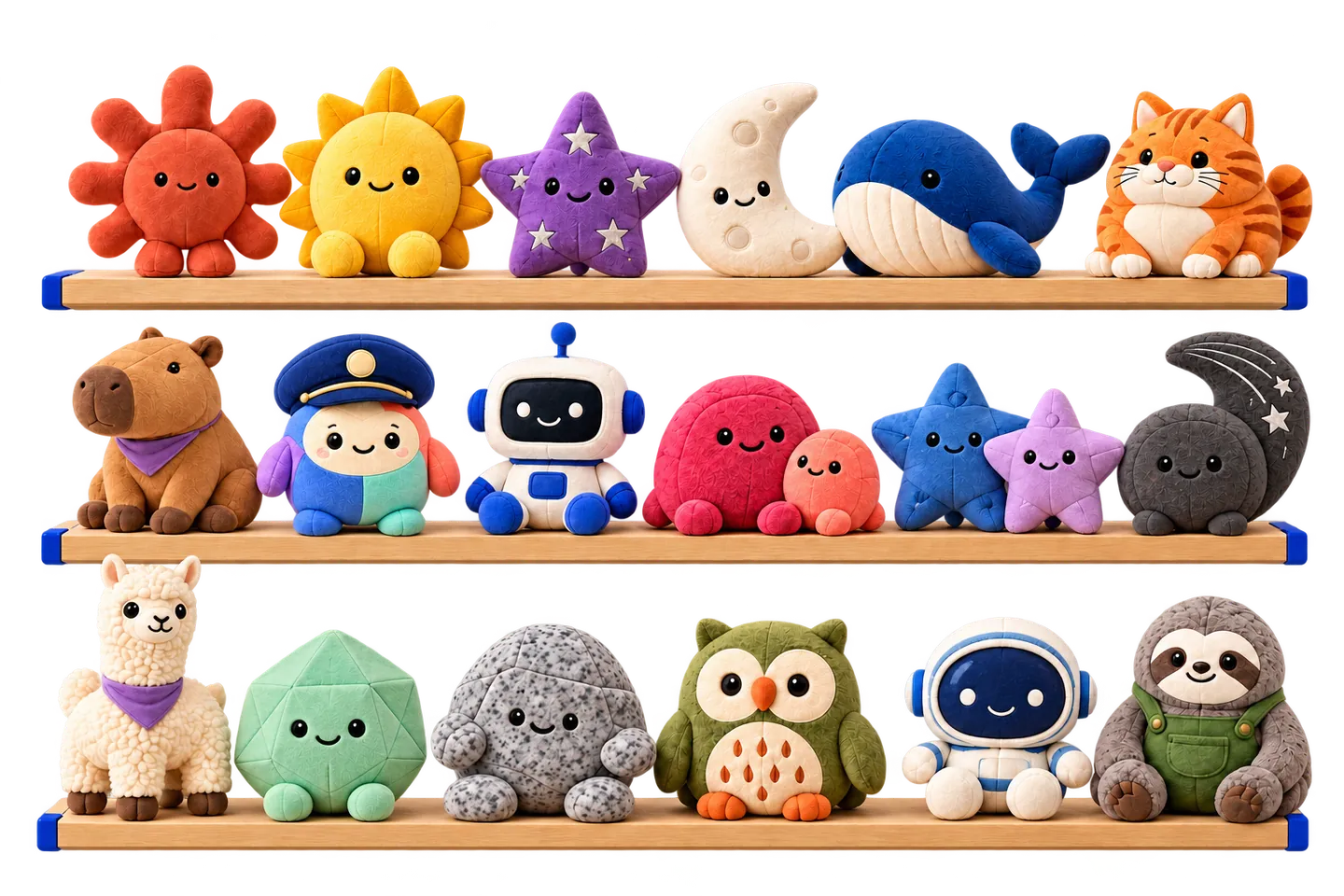 AI-generated plush figures of all illustrated models, plus Copilot and Unsloth, on three wooden shelves